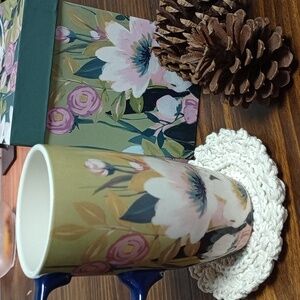 Floral Ceramic Travel Mug with Box & Handcrafted Coaster Gift Set 17 oz
